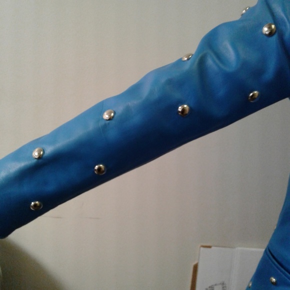 Leather studded jacket Teal color - Picture 5 of 8